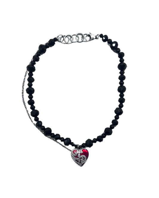 PERLES RARES - COLLIER NOIR COEUR ROUGE