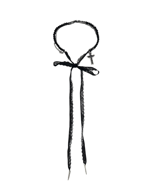 PERLES RARES - COLLIER GOTHIC NOEUD DENTELLE NOIR