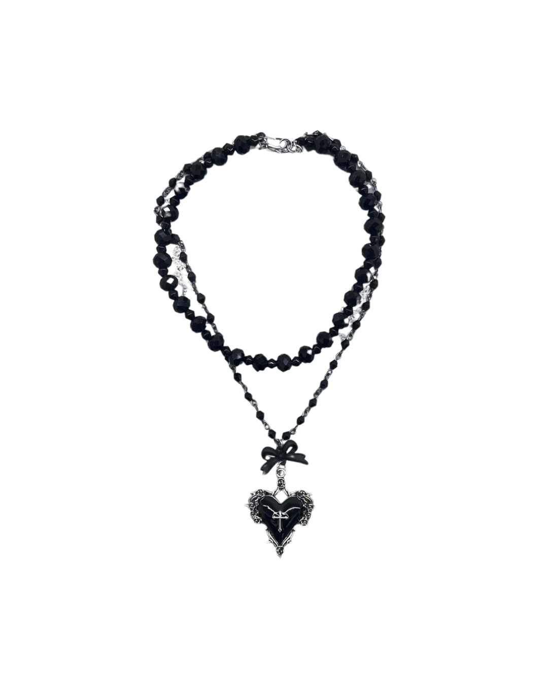 PERLES RARES - COLLIER DOUBLES CHAINES EN PERLES NOIRES & COEUR