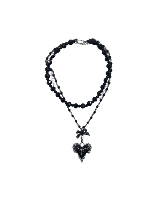 PERLES RARES - COLLIER DOUBLES CHAINES EN PERLES NOIRES & COEUR