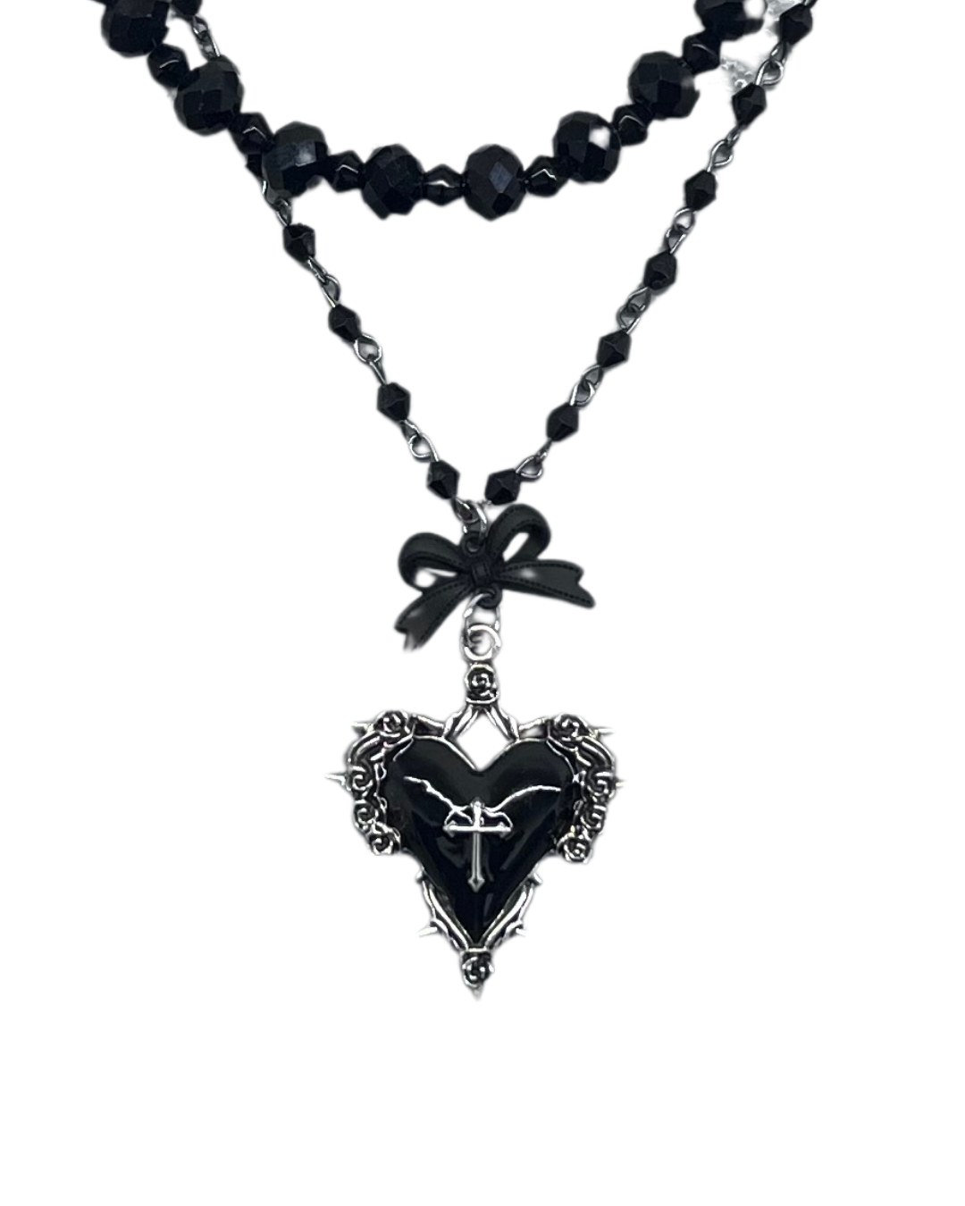PERLES RARES - COLLIER DOUBLES CHAINES EN PERLES NOIRES & COEUR