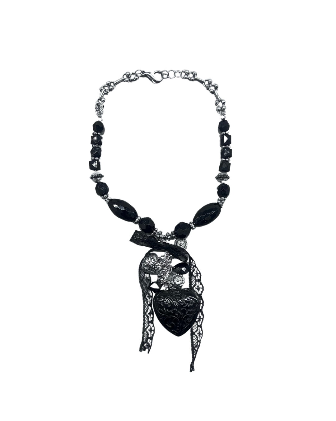 PERLES RARES - COLLIER PERLES DENTELLES & COEUR NOIRS